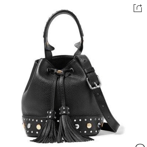 SANDRO Paris Alane Black Studs Pebble Leather Bucket Bag Tassel - Picture 2 of 12